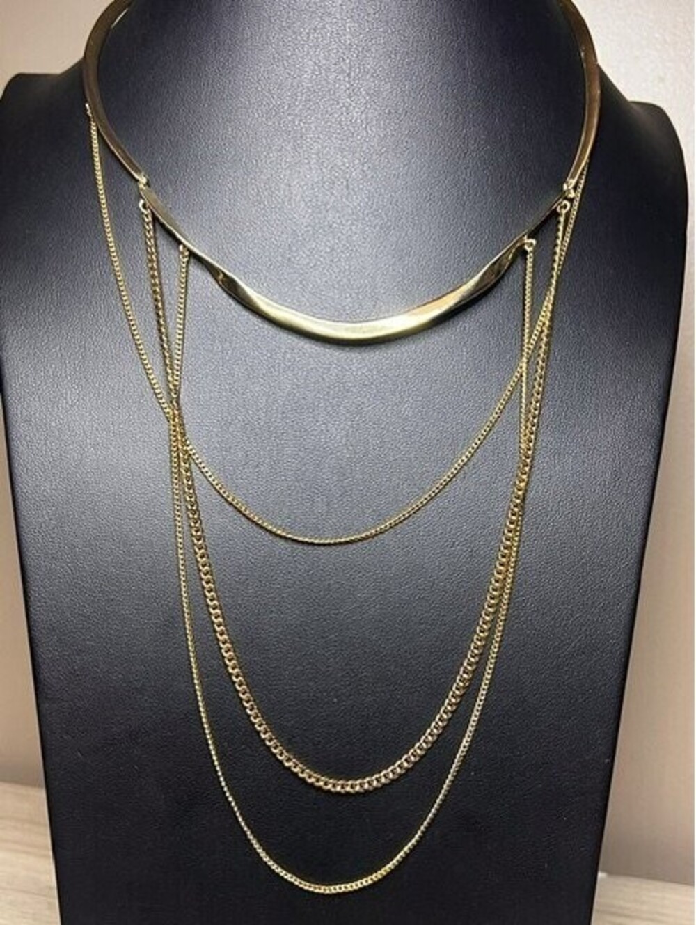 B7031 Stella & Dot Layered Choker Necklace Adjustable Gold Tone Multi Chain